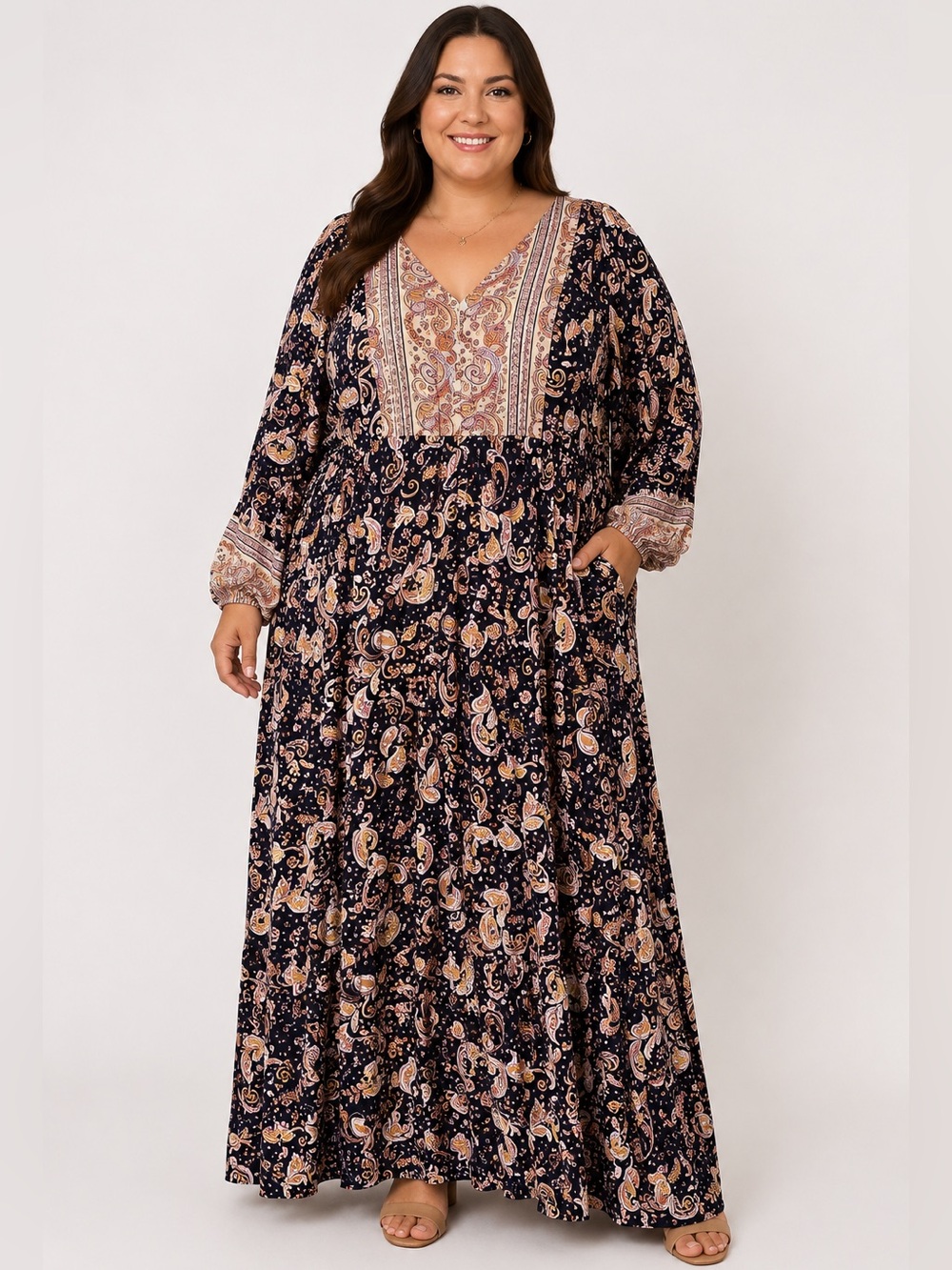 Aveology Elodie Border Paisley Maxi Dress Plus Size NWT